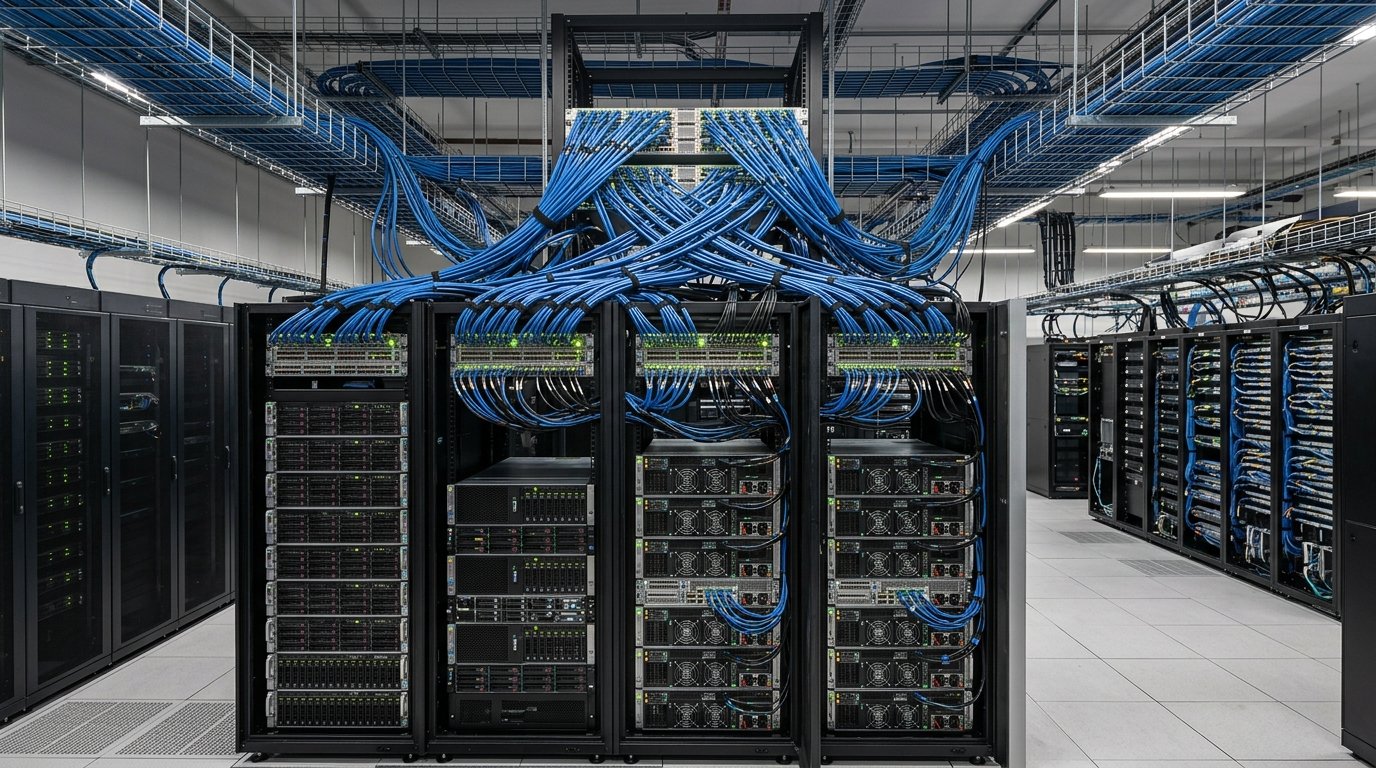 Архитектура InfiniBand-кластера с многоуровневой топологией коммутаторов, leaf- и spine-уровни, серверы с GPU в стойках, кабельная коммутация