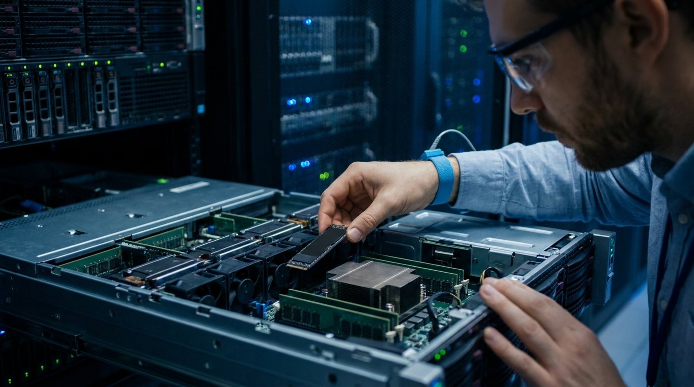 Инженер устанавливает высокоскоростные NVMe SSD накопители в мощный стоечный сервер в центре обработки данных.