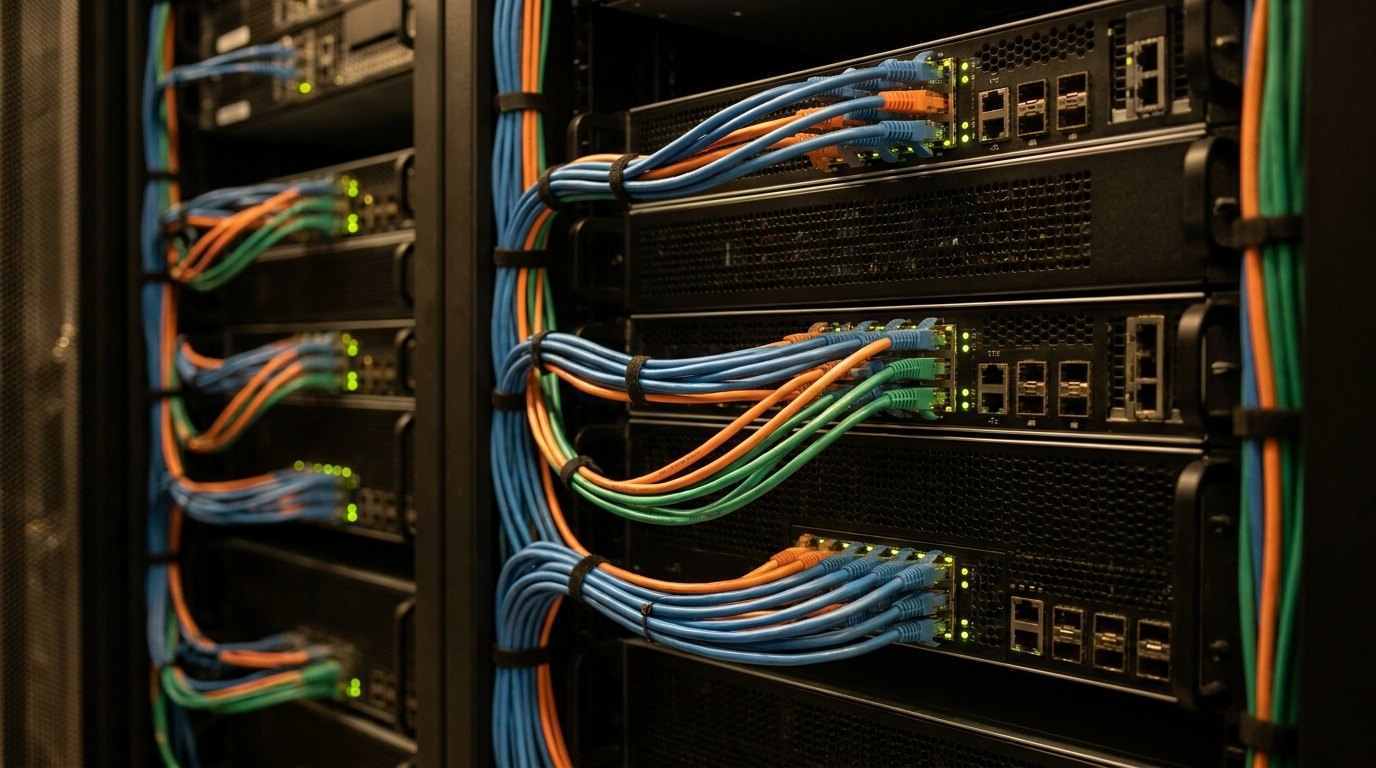 Детальный снимок задних панелей GPU-серверов в стойке, демонстрирующий rail-optimized дизайн с отдельными сетевыми портами для каждого GPU.