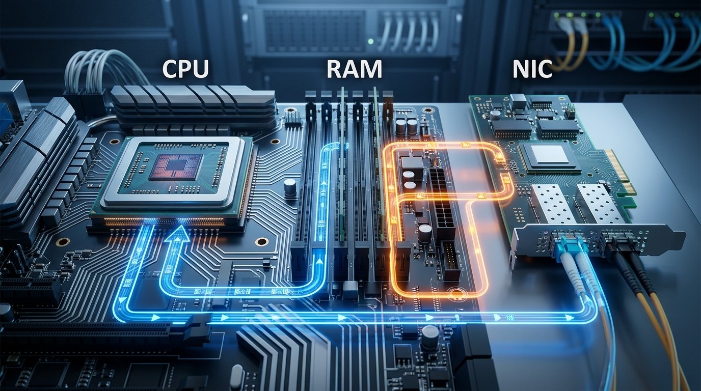 Диаграмма архитектуры: CPU, оперативная память, сетевой адаптер, стрелки, показывающие разные пути передачи данных в традиционной сети и в RDMA
