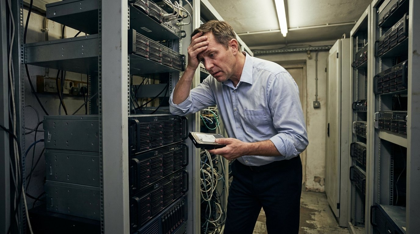 IT-администратор с озабоченным видом осматривает почти заполненный серверный шкаф с ограниченными возможностями расширения.
