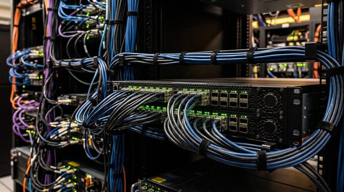 Коммутатор InfiniBand с активными портами, индикаторы состояния, плотное расположение интерфейсов, современная сетевая инфраструктура