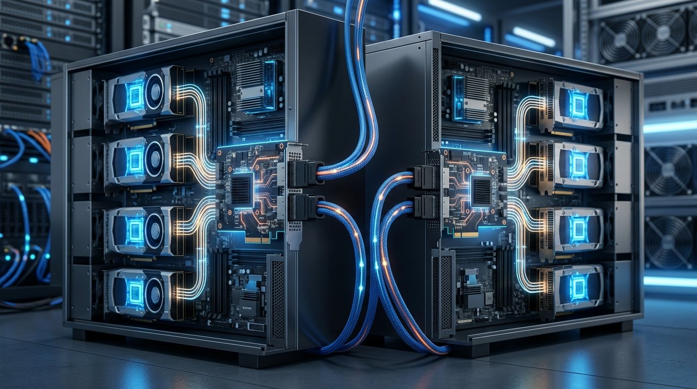 Схема InfiniBand-адаптера с портами подключения, показывающая RDMA-соединения между серверами с несколькими ускорителями GPU.
