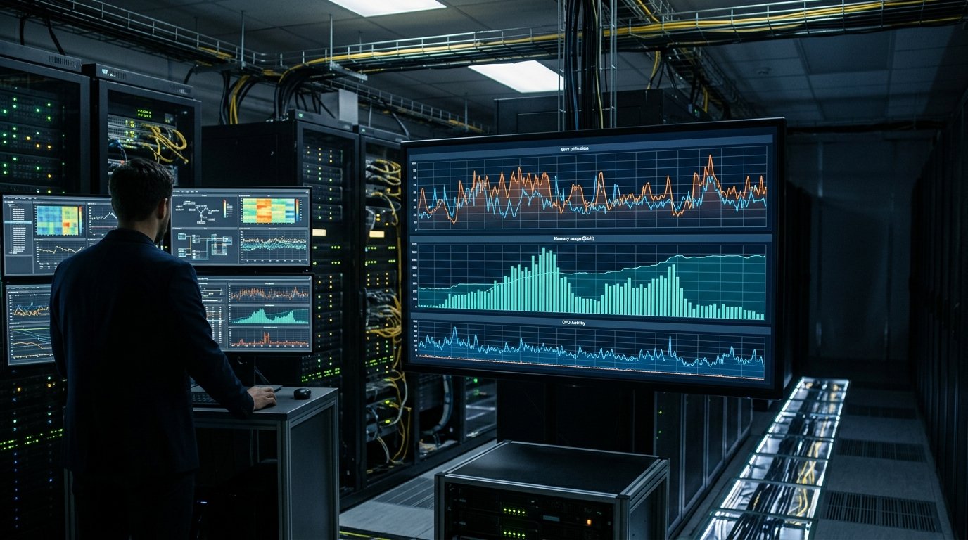 Мониторинг производительности серверов на экране, графики использования GPU и памяти, фон с линиями данных.