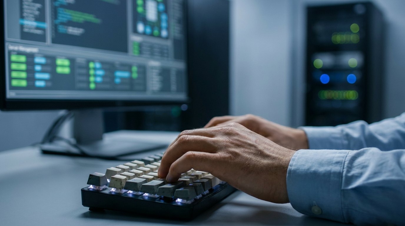 Руки IT-специалиста набирают текст на клавиатуре, на экране монитора виден интерфейс управления сервером.