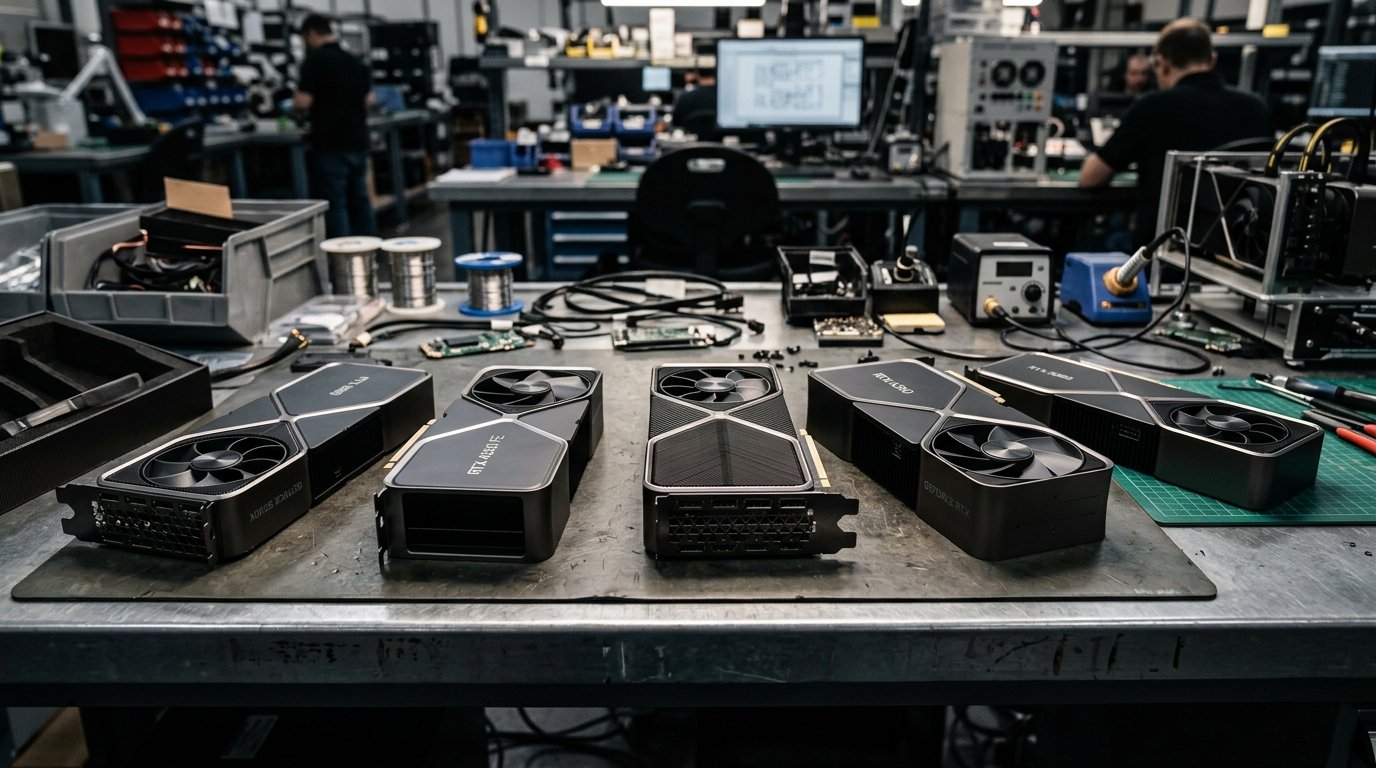 Несколько видеокарт NVIDIA высокого класса на столе, отражение света на металлических корпусах, профессиональная производственная среда.