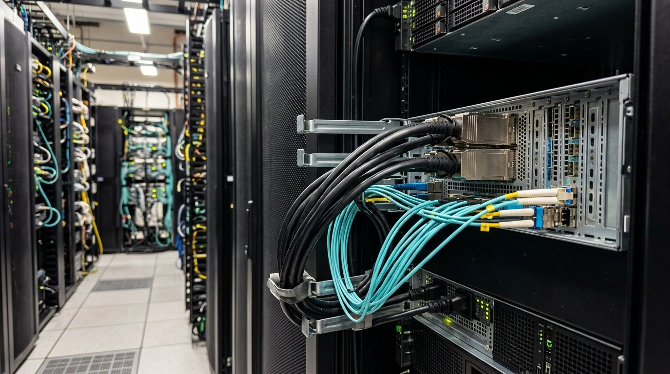 Компоненты InfiniBand-сети: медные кабели и оптические соединители рядом с серверным оборудованием в дата-центре