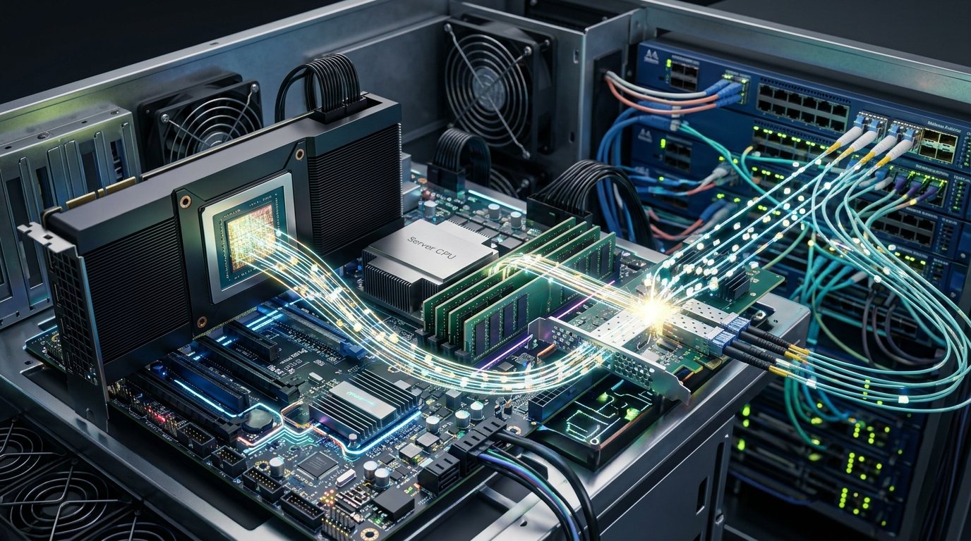 Схема взаимодействия GPU-адаптера, памяти сервера и сетевой фабрики в процессе RDMA-передачи