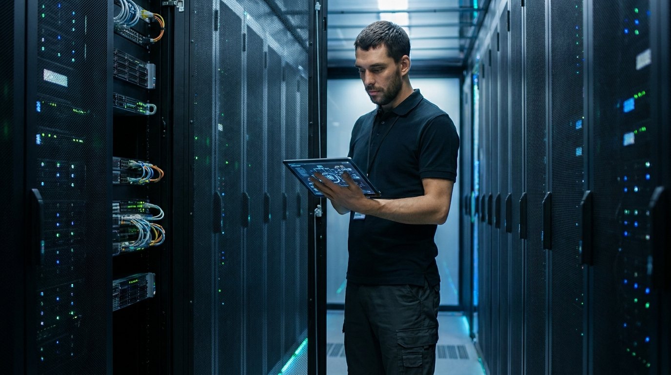 Инженер IT-отдела работает в серверной, осматривая две отдельные стойки серверов, предназначенные для разных ролей, таких как сервер приложений и сервер баз данных.