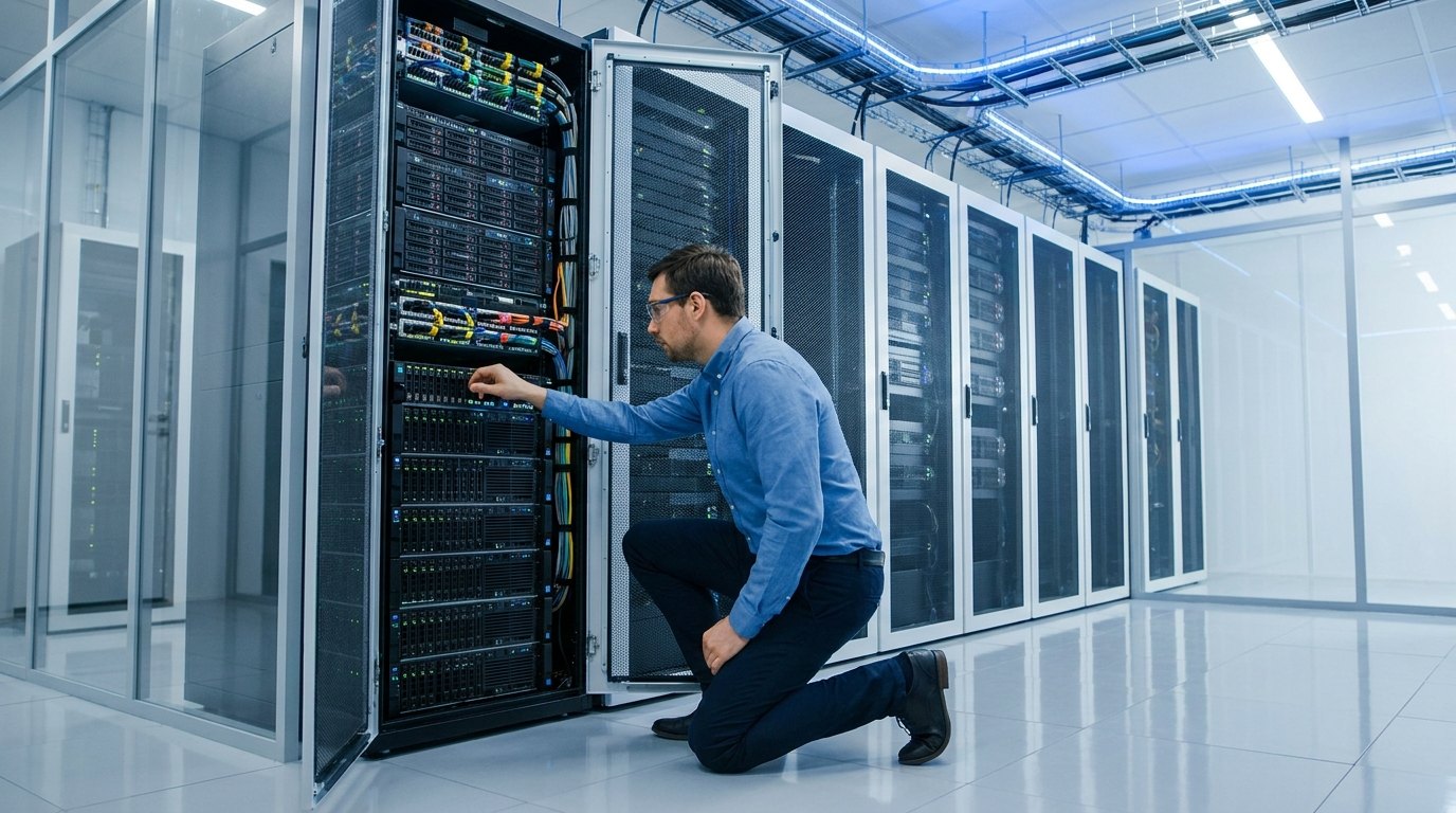 Профессиональный ИТ-инженер работает перед открытой серверной стойкой в современном и чистом серверном помещении.