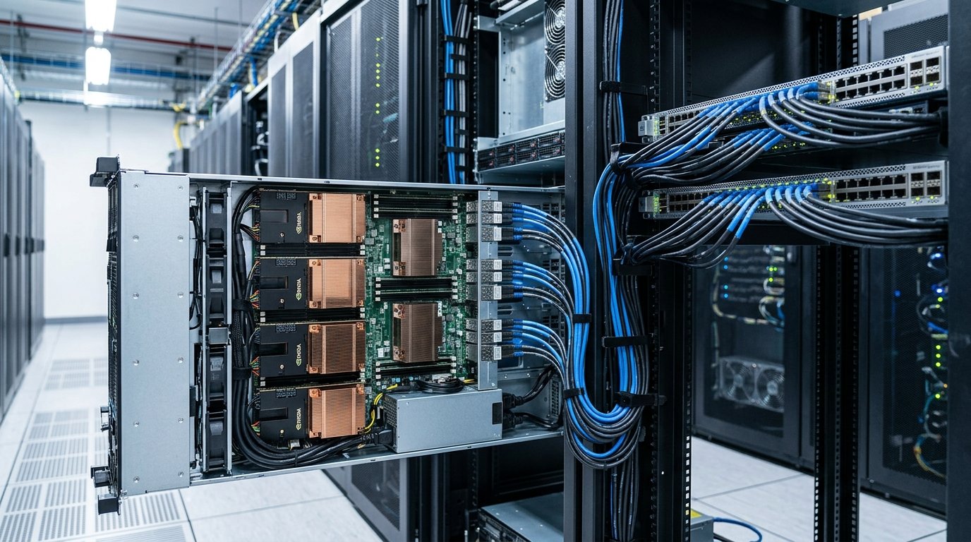Архитектура GPU-сервера с InfiniBand адаптерами, несколько GPU соединены кабелями через сетевые коммутаторы