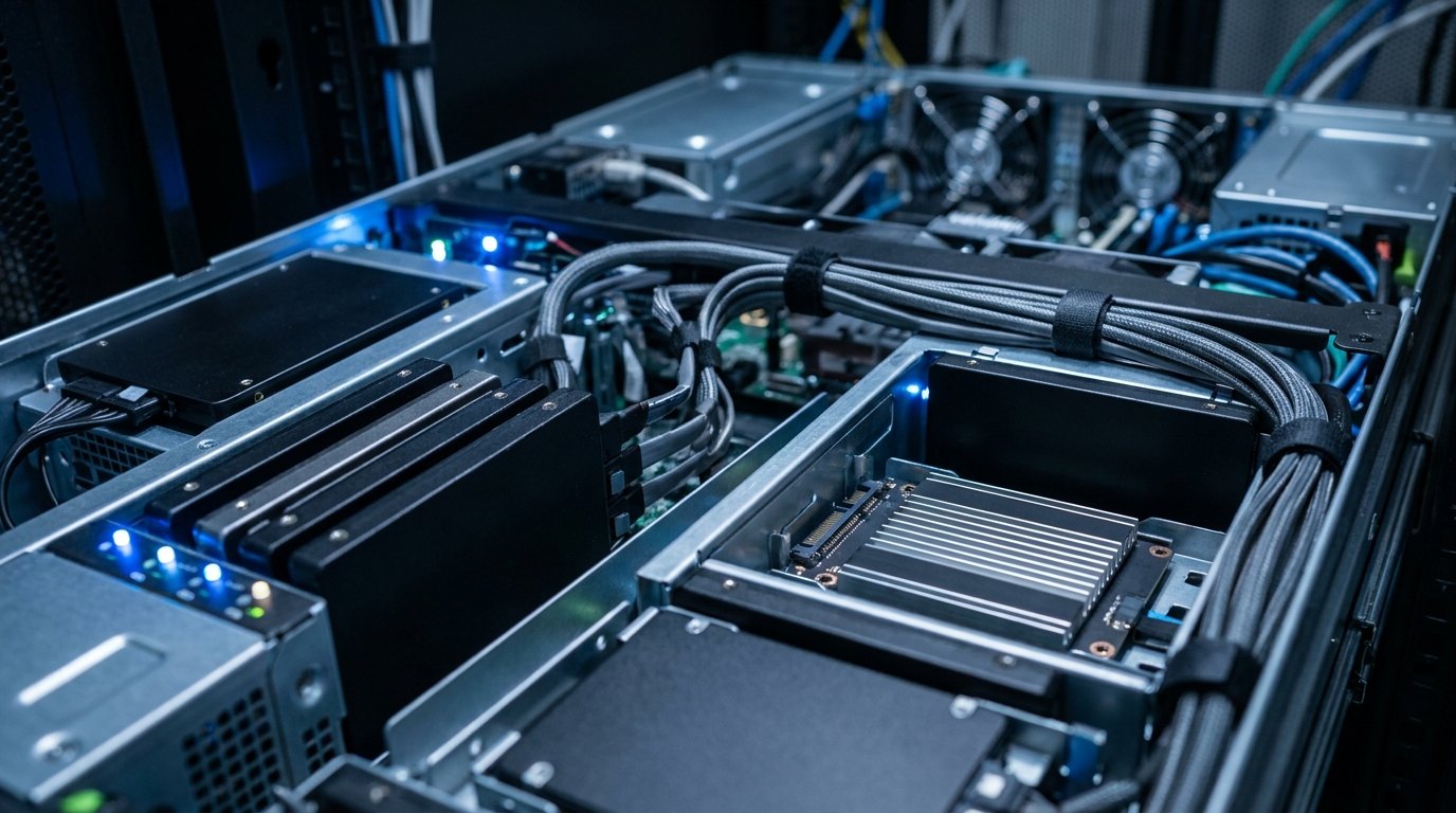 Крупный план высокопроизводительных SSD и NVMe накопителей, установленных в серверную стойку, демонстрирующий дисковую подсистему для datastore.