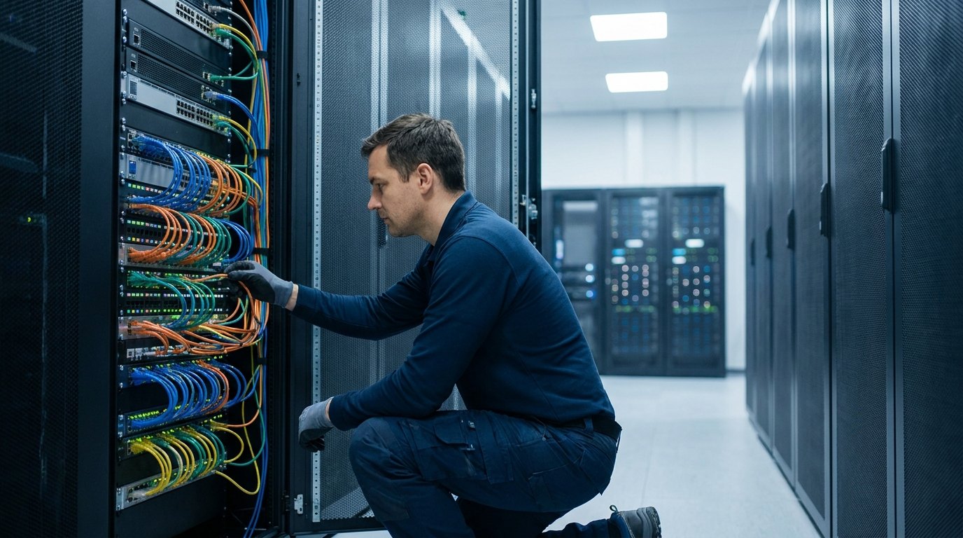 Инженер проверяет сетевое оборудование в серверной, обеспечивая резервирование канала связи.