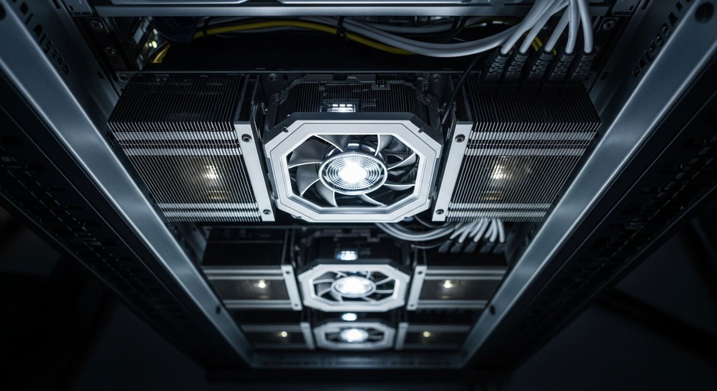Серверное оборудование с видеокартами, подсвеченные GPU в теплоотводах, вид снизу на компьютерную систему.