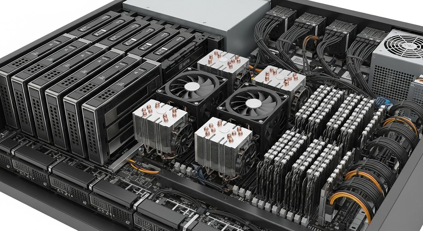 Внутреннее расположение комплектующих enterprise-сервера БД с NVMe-дисками, RAM и процессорами