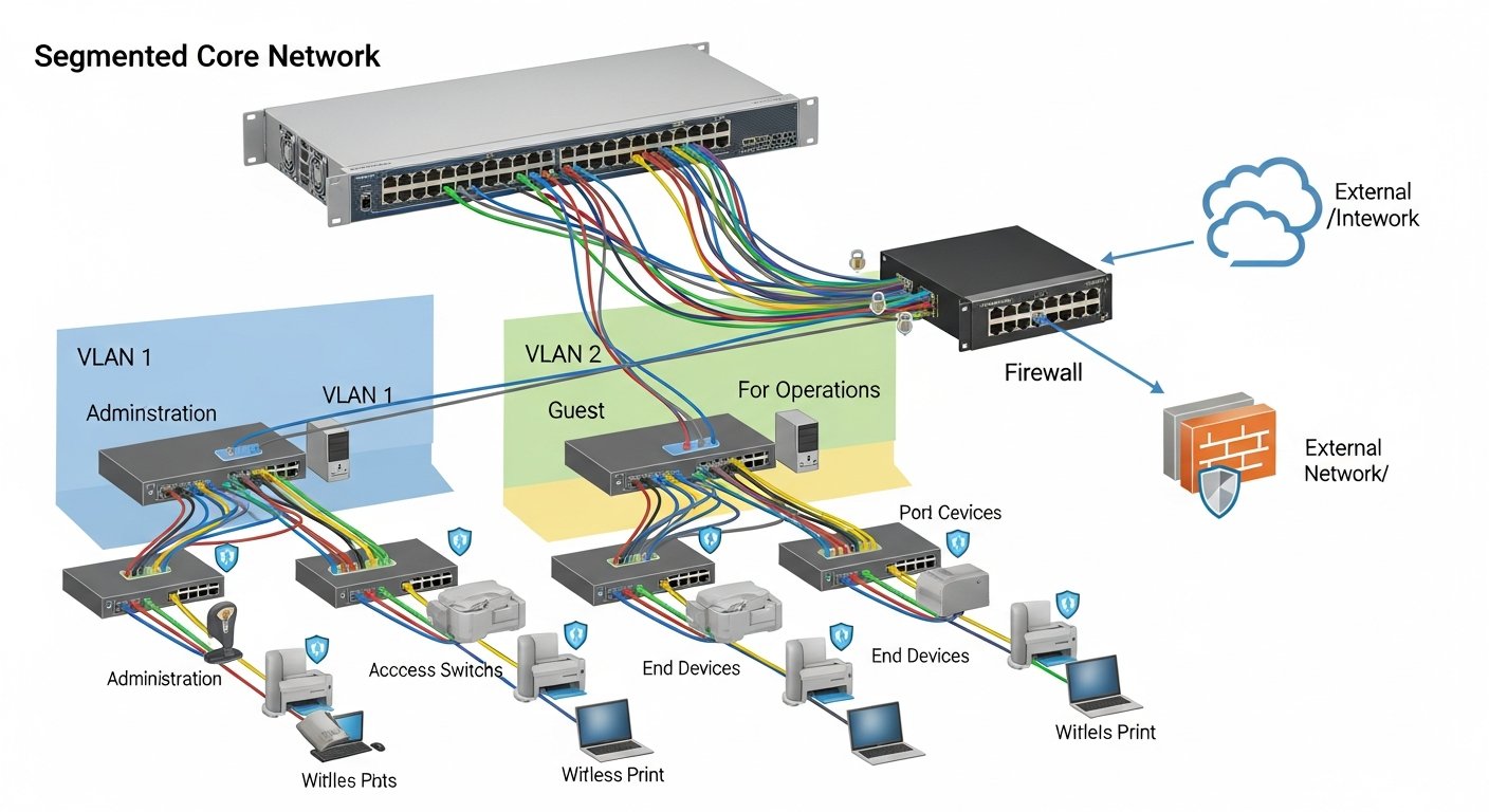 Архитектурная диаграмма сегментированной сети с VLAN, firewall и защитой портов.