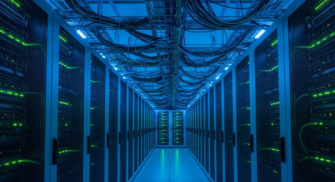 Центр обработки данных с рядами серверных стоек, LED-подсветка синего и зеленого цветов, кабели идут вверх