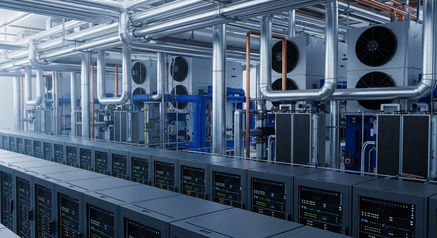 Плотнораспределенные серверные стойки с интенсивным охлаждением, трубопроводы и теплообменники в задней части