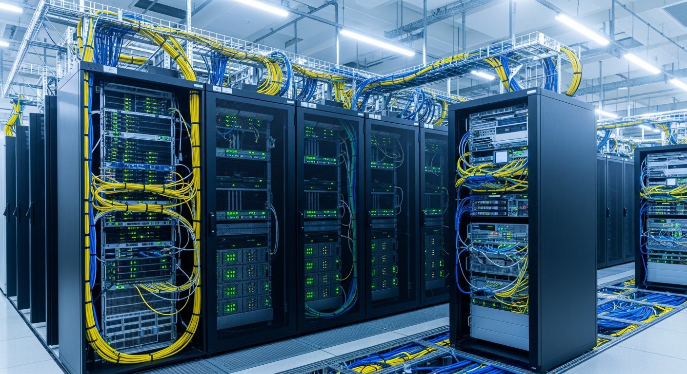 Современное серверное оборудование в центре обработки данных, стойки с оборудованием и кабельная сеть, профессиональная техническая среда