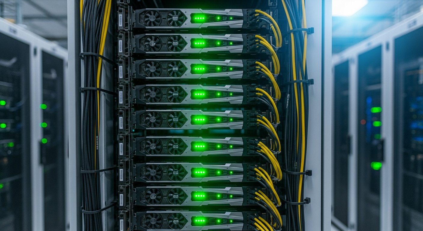 Серверный стойка с видеокартами NVIDIA, зелёные индикаторы, провода питания, профессиональный дата-центр