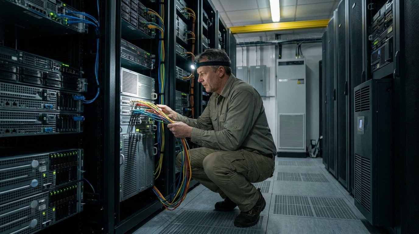 Инженер IT-отдела проверяет сетевые кабели и подключения терминального сервера в серверной комнате