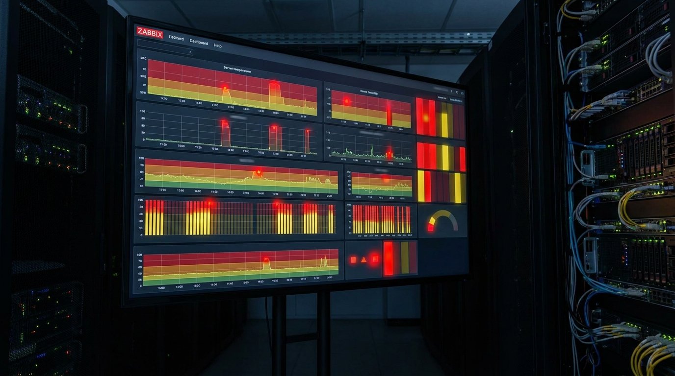 Экран мониторинга Zabbix с графиками температуры и влажности в серверной, красные и жёлтые алерты