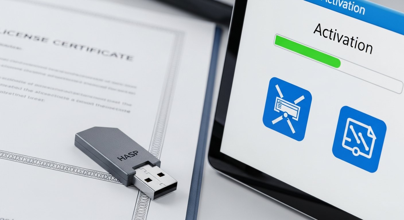 USB-ключ HASP рядом с документом (сертификат лицензии) и экраном монитора, где отображается окно активации — символизирует аппаратные и программные варианты лицензирования.