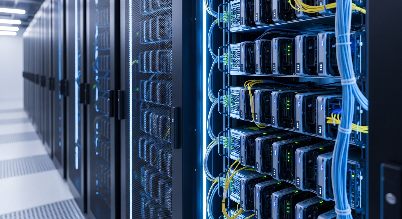 Стойка серверов инференса, компактная конфигурация с одиночными GPU в холодном проходе дата-центра.