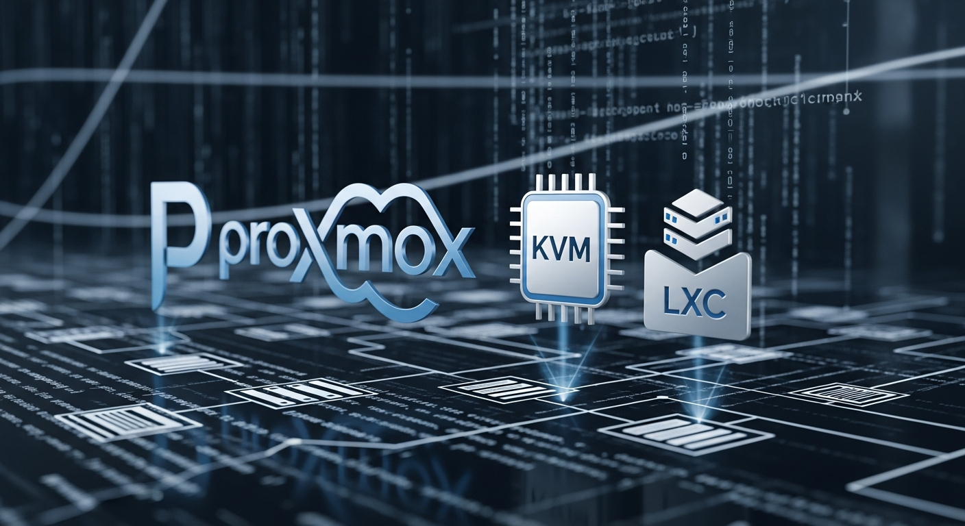 Логотип Proxmox с иконками KVM и LXC на фоне кода и архитектурной диаграммы, технический дизайн