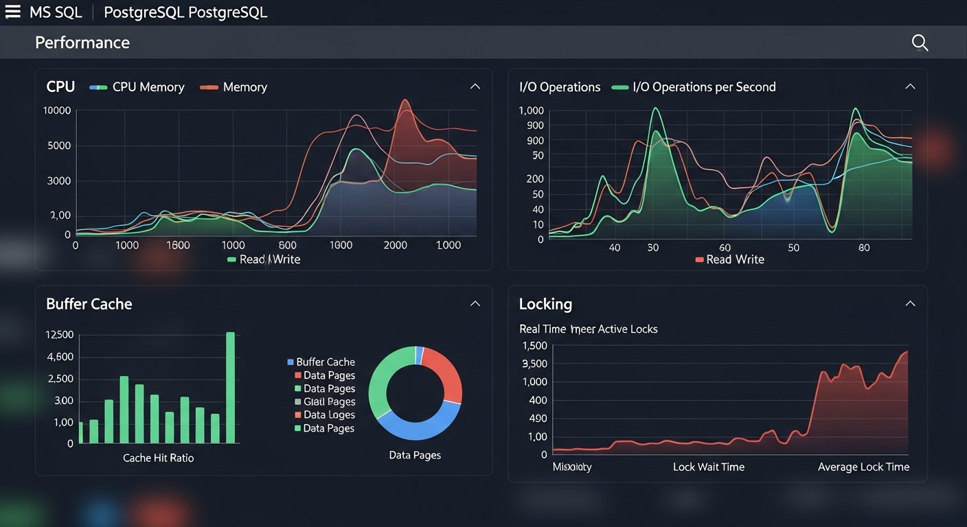 Интерфейс мониторинга СУБД MS SQL и PostgreSQL с графиками производительности, Buffer Cache и блокировками. убрать надписи и значки