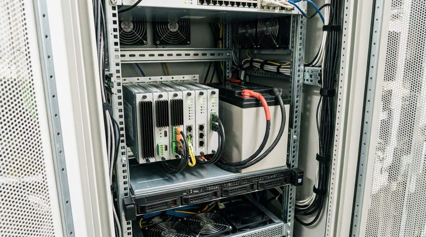 Компактный модульный ИБП на DIN-рейке и батарейный блок рядом с edge-сервером в техническом шкафу