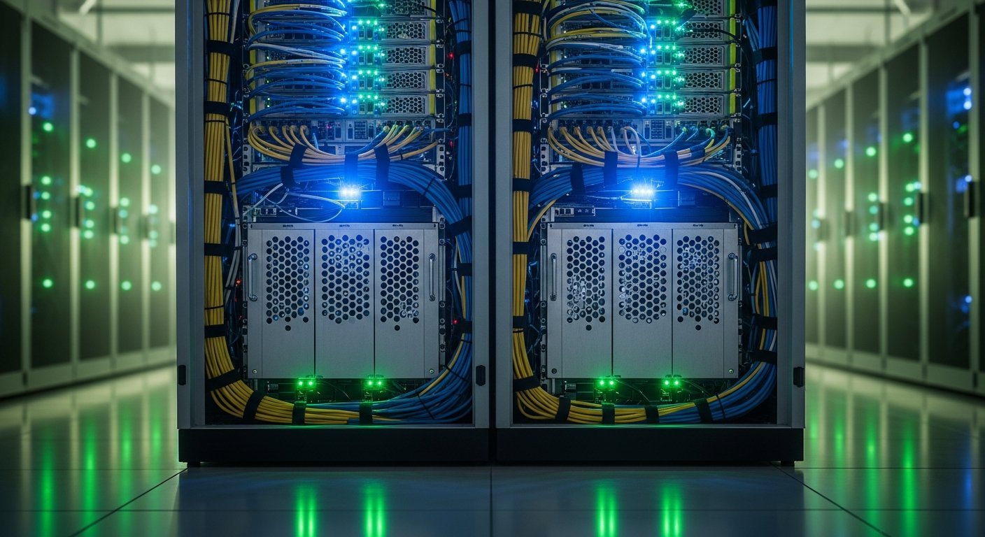 Два современных серверных стойки рядом друг с другом в центре обработки данных, с подсветкой и кабелями, отражающие промышленный дизайн российской ИТ-техники