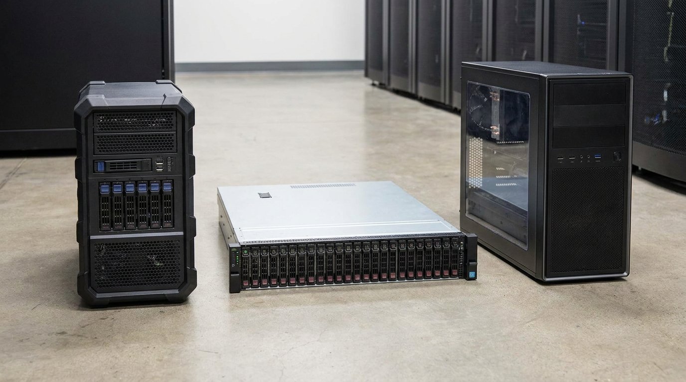 Сравнение размеров: компактный tower-сервер, rack-сервер и обычный системный блок, стоящие рядом — демонстрация различных форм-факторов