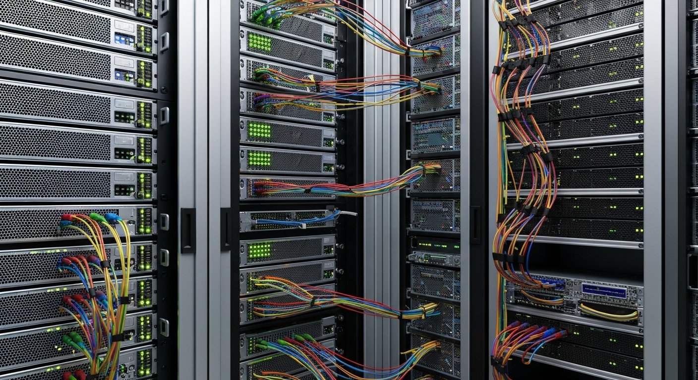 Стойка с серверными компонентами, проводами и светящимися индикаторами в центре обработки данных