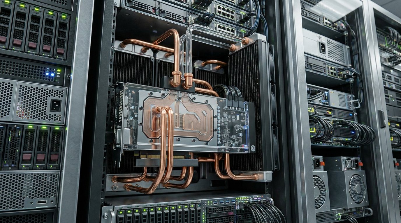 GPU-ускоритель с системой охлаждения в серверной стойке среди других компонентов