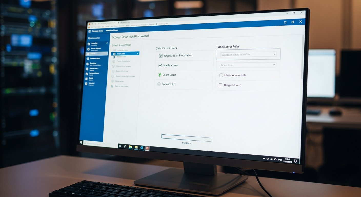 Процесс установки Exchange на Windows Server через мастер конфигурации, интерфейс выбора параметров и ролей, консоль администратора