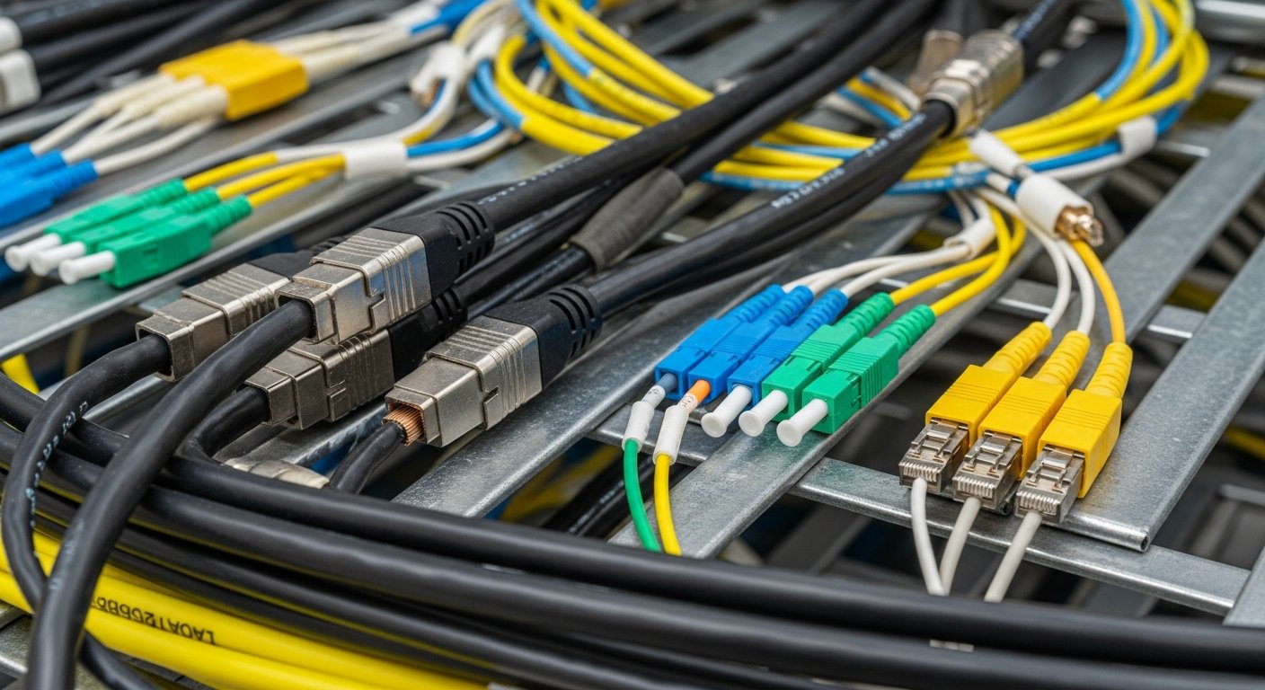 Различные кабели и коннекторы в кабельном лотке: DAC-кабели, оптические шнуры с цветными муфтами.