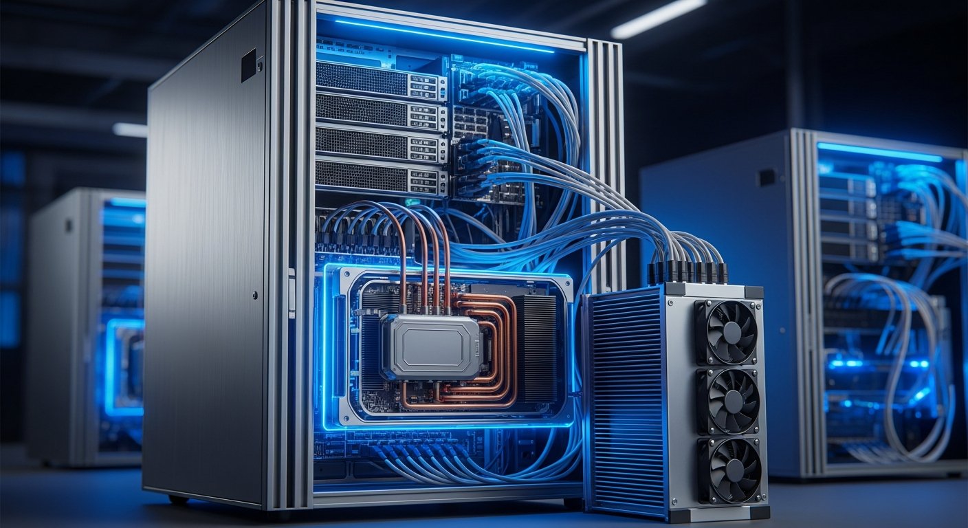 Высокопроизводительный GPU-сервер в лаборатории, синие светодиоды, активный охлаждаемый чип GPU, современные технологии