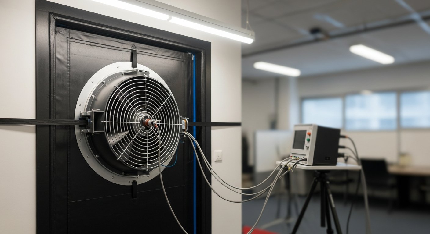 Оборудование door fan test — специальный вентилятор установленный в дверной проем для испытания герметичности помещения