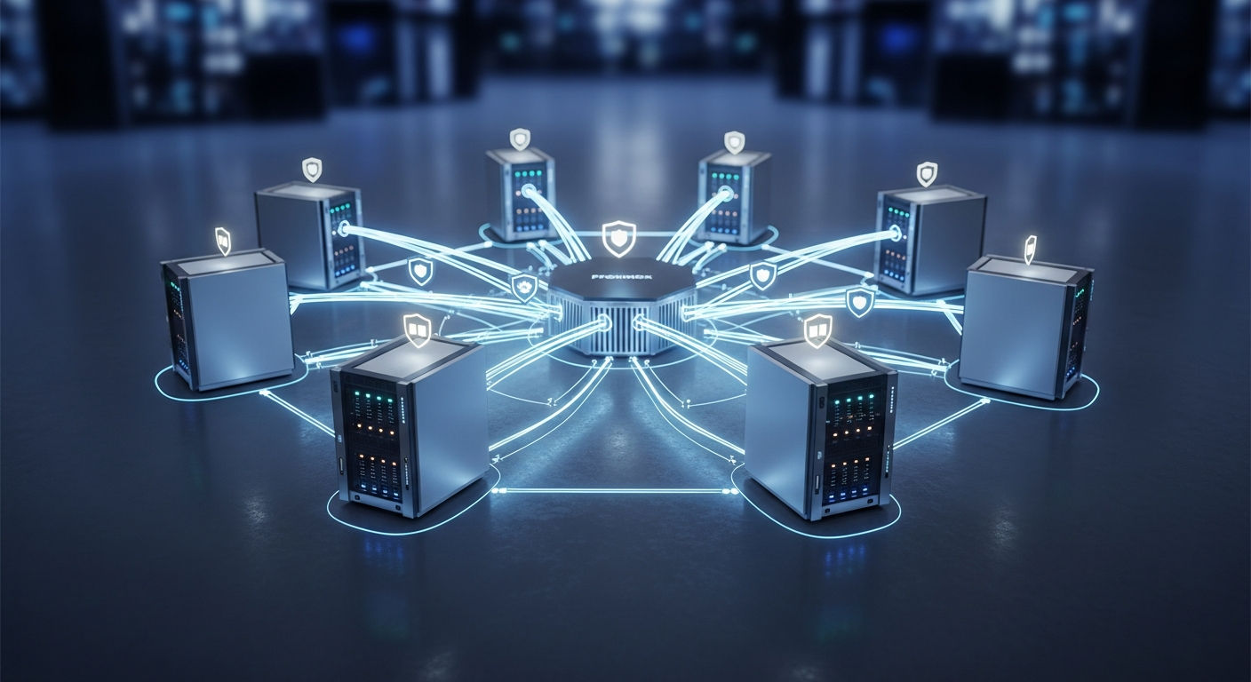 Архитектура распределённого кластера Proxmox с несколькими узлами, линии репликации данных, значки высокой доступности