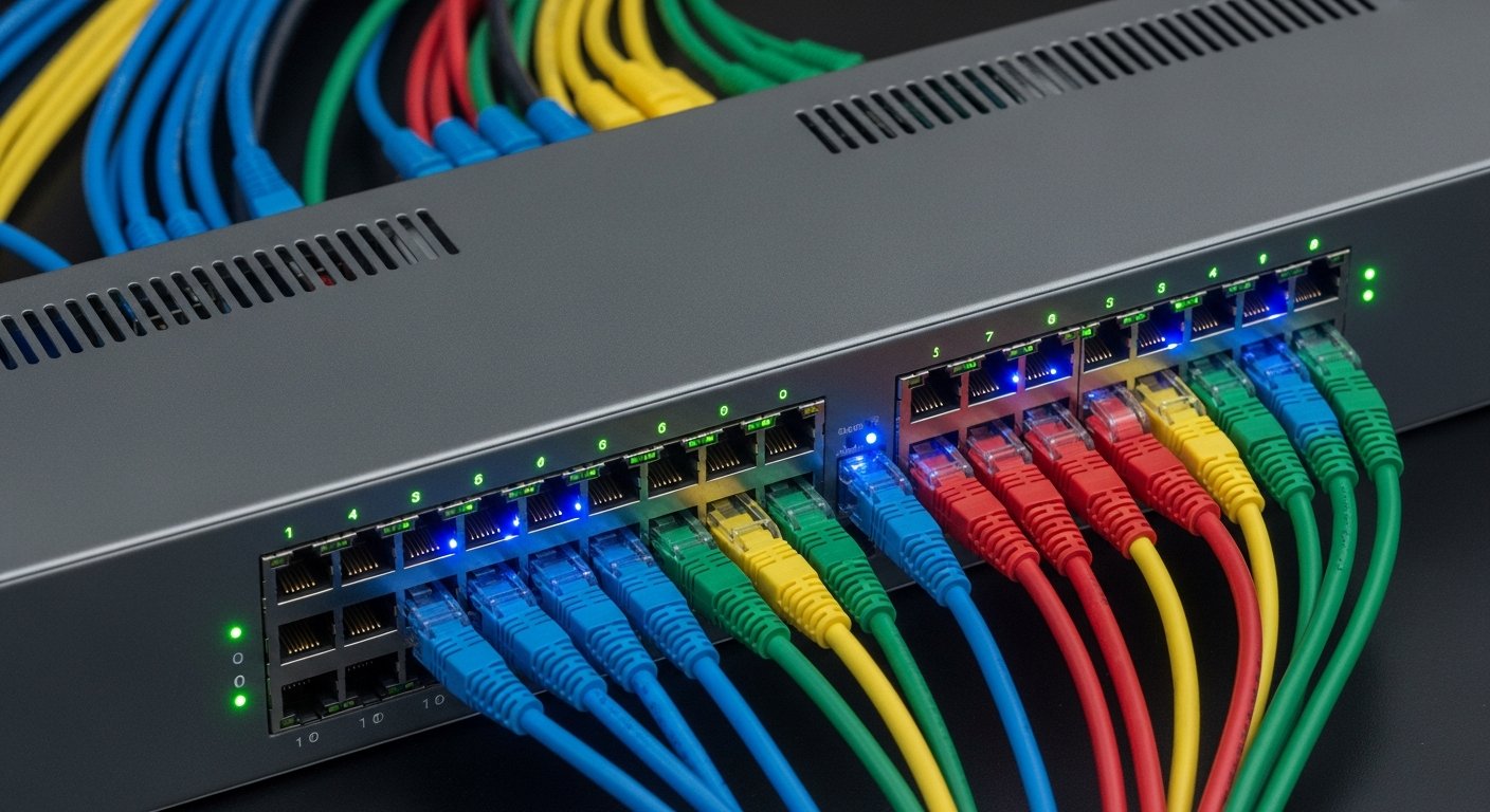 Сетевой коммутатор с 48 PoE+ портами, синяя подсветка портов, индикаторы активности, кабельная разводка, вид сверху.