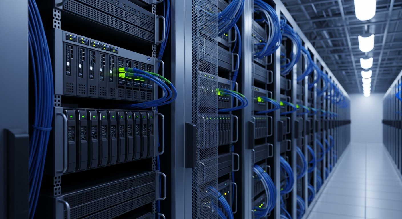 Серверное оборудование с NVMe дисками в стойке дата-центра, используемое для хранения временных рядов