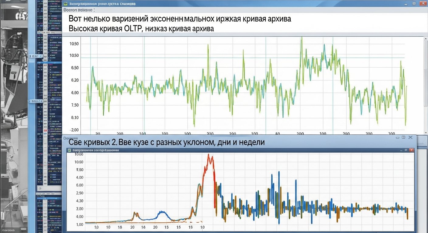 Экспоненциальный график роста размера снимка: кривая поднимается по-разному в зависимости от типа нагрузки (крутая для OLTP, пологая для архивов), временная шкала дни и недели