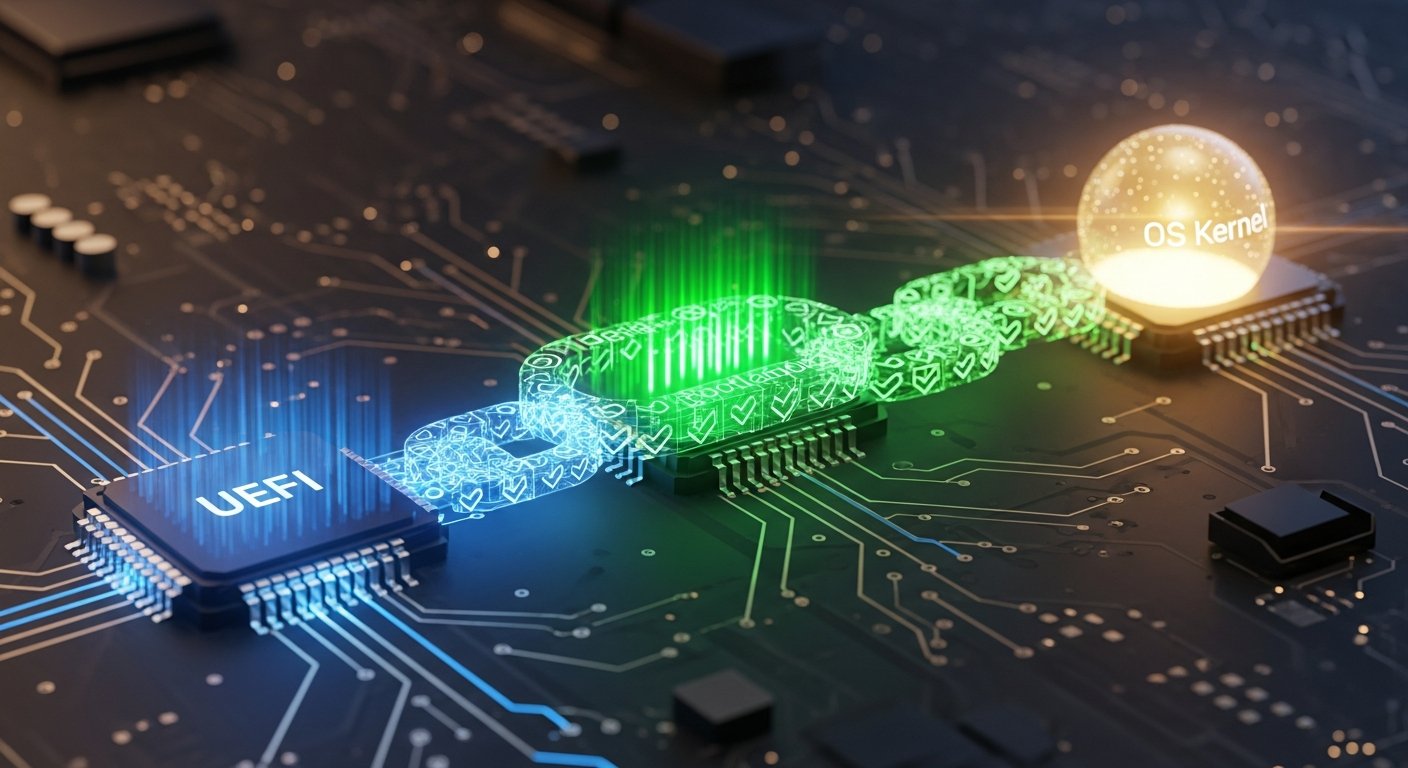 Процесс доверенной загрузки: цепь проверки UEFI → загрузчик → ядро ОС, визуальная цепочка с отметками верификации