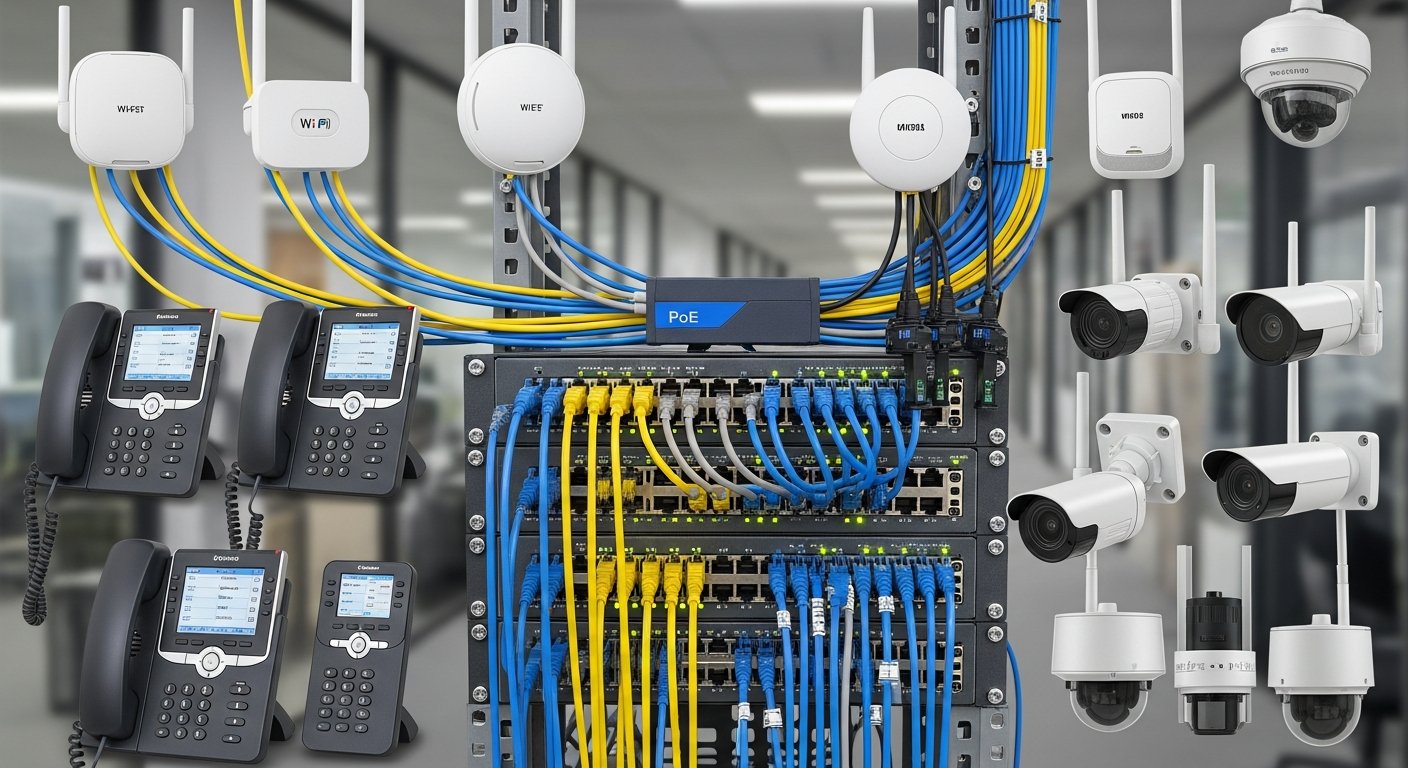 IP-телефоны, точки доступа Wi-Fi и IP-камеры наблюдения подключены к коммутатору через витую пару, получают питание и данные