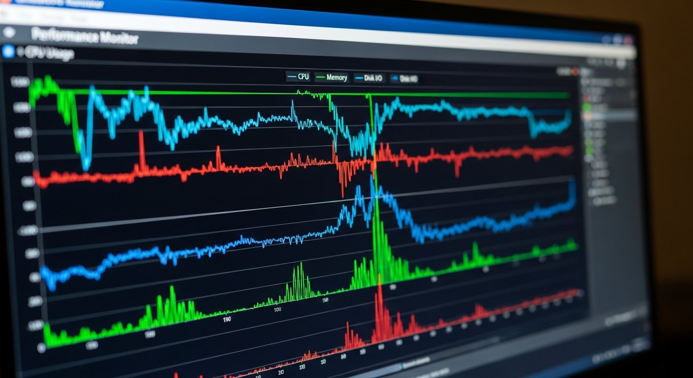 Окно Performance Monitor с графиками CPU, памяти и дискового ввода-вывода