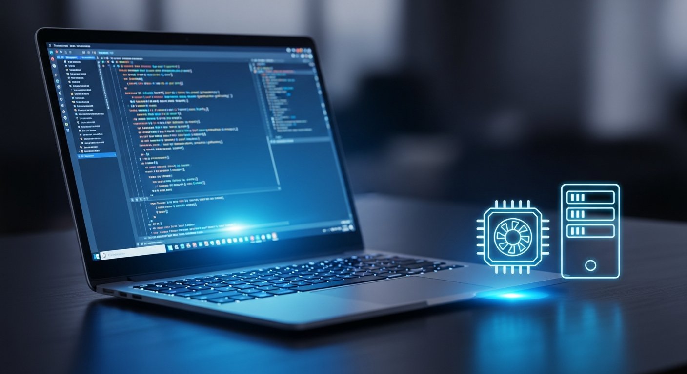 Открытый ноутбук с кодом в IDE, рядом иконки GPU и сервера, синий свет от экрана, атмосфера разработки локального ИИ