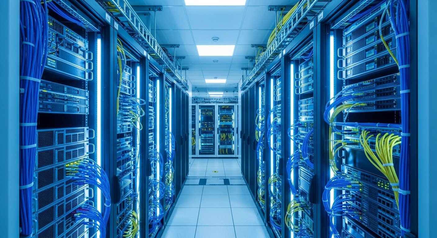 Современный центр обработки данных с рядами серверных стоек и сетевого оборудования в освещённом помещении