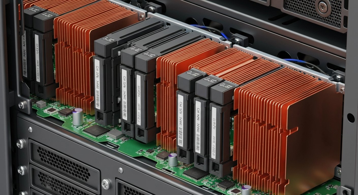 Открытый отсек серверного шкафа с установленными U.2 NVMe дисками, видны электронные компоненты и медные радиаторы охлаждения на фоне чёрного корпуса