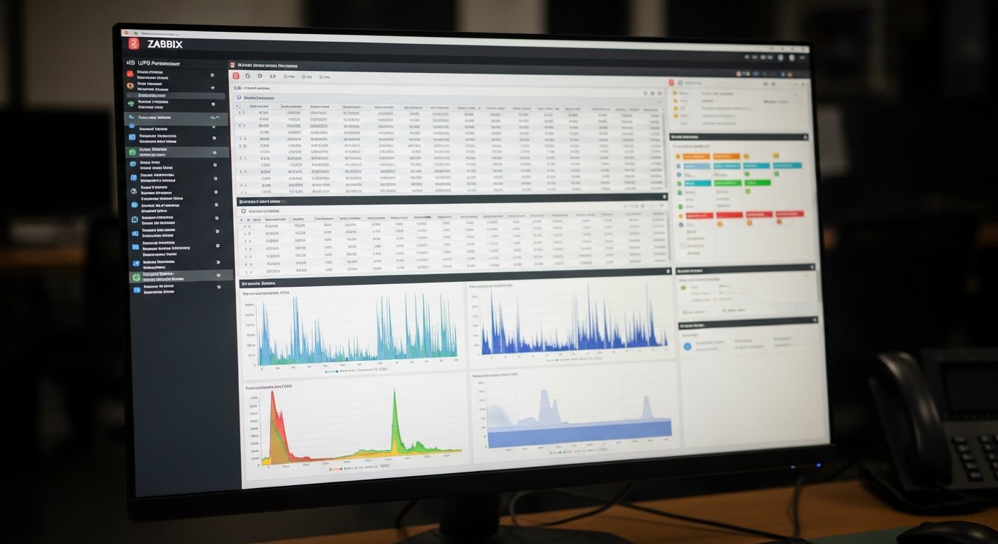 Веб-интерфейс системы мониторинга Zabbix с таблицами параметров ИБП, алертами и графиками временных рядов